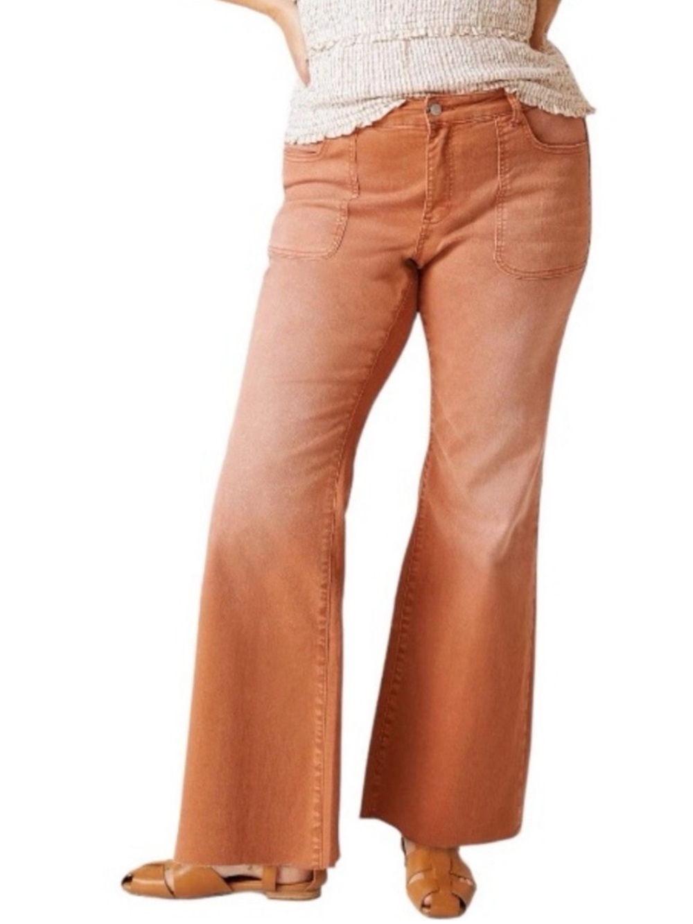 Pilcro Anthropologie Icon Flare Jeans Bronze Orange Raw Hems 30